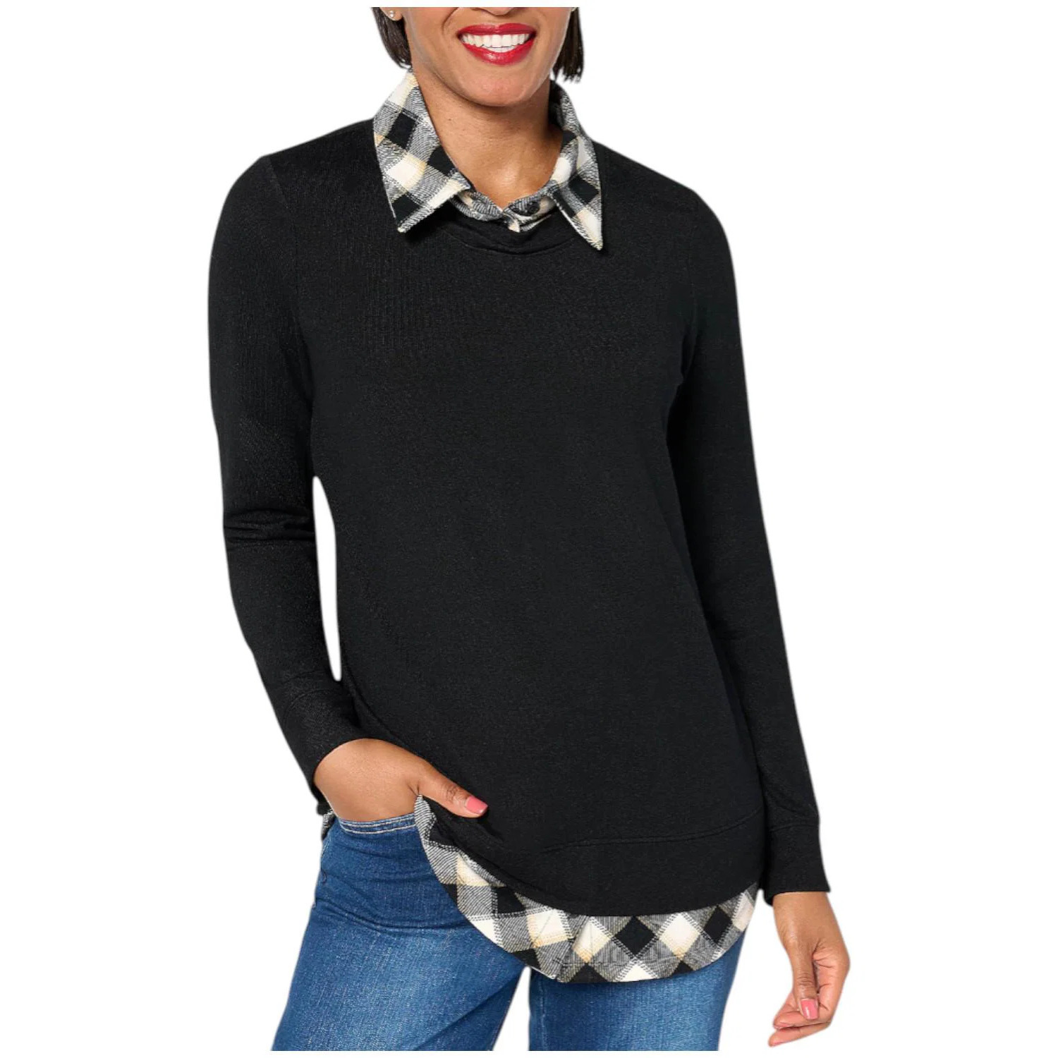 Denim & Co. Women's Heavenly Jersey Solid/Plaid Long Sleeve Top Black - Regular